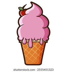 Pink ice cream in waffle cup. Appetizing ice cream vector clipart. Collage. Waffle cup with whipped cream. Concept on the theme of desserts. For prints, logos, packaging design, banners, presentations