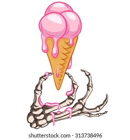 Pink ice cream .White background.Bone palm.