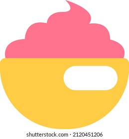 Pink ice cream in yellow bowl, illustration, vector on a white background.