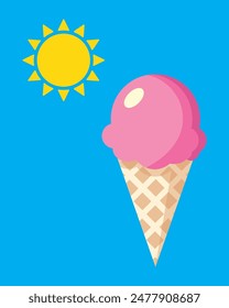 Pink Ice Cream with yellow sun in cartoon style isolated on a blue background. Ice cream cone Vector illustration in nice colors. Yummy Ice cream, Sun, Summer time and beach concept background design.