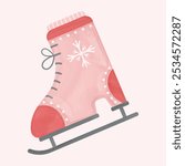 Pink ice skate flat icon with white snowflake on beige background. Winter clothes. Watercolor design. Hand-drawn illustration. Vector illustration.