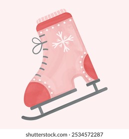 Pink ice skate flat icon with white snowflake on beige background. Winter clothes. Watercolor design. Hand-drawn illustration. Vector illustration.