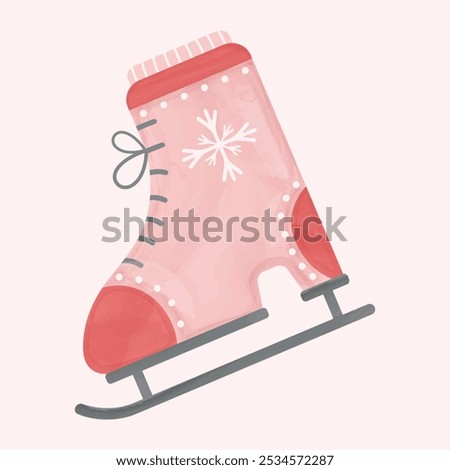 Pink ice skate flat icon with white snowflake on beige background. Winter clothes. Watercolor design. Hand-drawn illustration. Vector illustration.