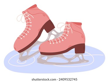 Pink Ice Skates, Sleek Blades Gliding On Frozen Surfaces, Epitomize Winter Grace. Their Sharp Edges Carve Intricate Patterns, Turning Ice Into A Canvas For The Dance. Cartoon Vector Illustration