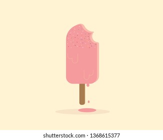 Pink Icecream bar over light yellow background. Strawberry or raspberry flavor dessert sweet decorated.