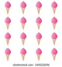 Pink ice-cream pattern vector illustration. Ice cream in a waffle cup background, pattern for textile, fabric, wrapping paper, wallpaper, packaging. Vector EPS 10.