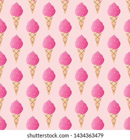 Pink ice-cream seamless pattern vector illustration. Ice cream in a waffle cup seamless background, pattern for textile, fabric, wrapping paper, wallpaper, packaging. Vector EPS 10.