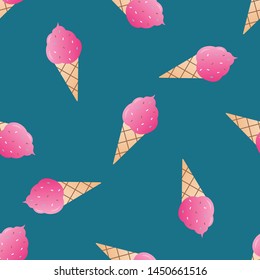 Pink ice-cream seamless pattern vector illustration. Ice cream in a waffle cup seamless background, pattern for textile, fabric, wrapping paper, wallpaper, packaging. Vector EPS 10.