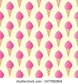 Pink ice-cream seamless pattern vector illustration. Ice cream in a waffle cup seamless background, pattern for textile, fabric, wrapping paper, wallpaper, packaging. Vector EPS 10.