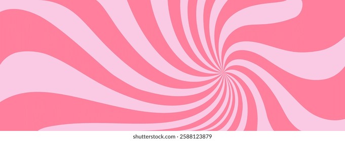 Pink ice-cream swirl background. Spiral candy pattern. Groovy vector strawberry color sunburst twirl. Radial lollipop stripes backdrop. Abstract fun birthday banner. Vintage sun rays illustration