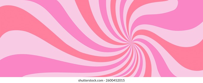 Pink ice-cream swirl background. Spiral candy pattern. Groovy vector strawberry color sunburst twirl. Radial lollipop stripes backdrop. Abstract fun birthday banner. Vintage sun rays illustration