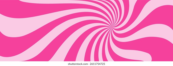 Pink ice-cream swirl background. Spiral candy pattern. Groovy vector strawberry color sunburst twirl. Radial lollipop stripes backdrop. Abstract fun birthday banner. Vintage sun rays illustration