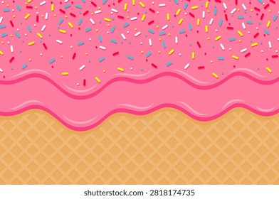 Pink icing waffle background with colorful candy sprinkles