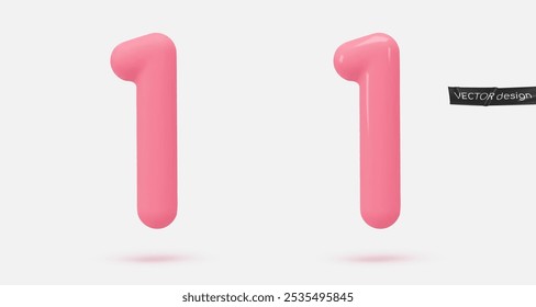 Pink icon, 3d render number 1, one, sign. Realistic design element. Vector illustration isolated on white background for postcard, icons, poster, banner, web, design, arts