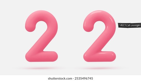 Pink icon, 3d render number 2, two, sign. Realistic design element. Vector illustration isolated on white background for postcard, icons, poster, banner, web, design, arts