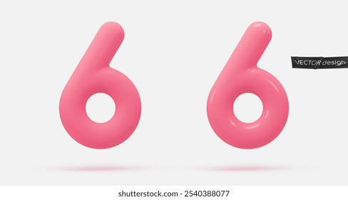 Icono rosa, 3d render número 6, seis, signo. Elemento de diseño realista. Ilustración vectorial aislada en el fondo blanco para la postal, iconos, cartel, Anuncio, Web, diseño, artes