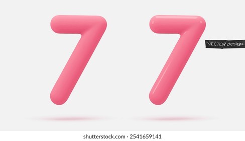 Pink icon, 3d render number 7, seven, sign. Realistic design element. Vector illustration isolated on white background for postcard, icons, poster, banner, web, design, arts