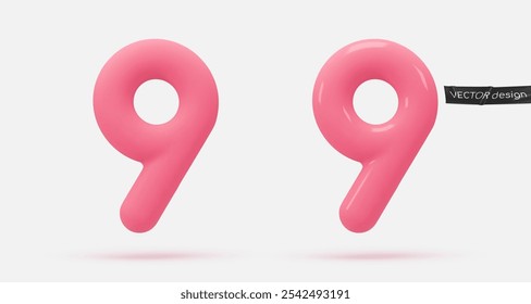 Icono rosa, 3d render número 9, nueve, signo. Elemento de diseño realista. Ilustración vectorial aislada en el fondo blanco para la postal, iconos, cartel, Anuncio, Web, diseño, artes