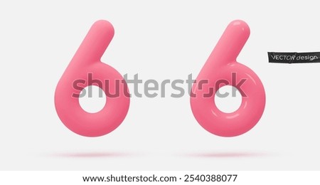 Pink icon, 3d render number 6, six, sign. Realistic design element. Vector illustration isolated on white background for postcard, icons, poster, banner, web, design, arts