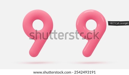 Pink icon, 3d render number 9, nine, sign. Realistic design element. Vector illustration isolated on white background for postcard, icons, poster, banner, web, design, arts