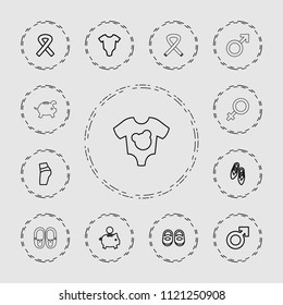 Pink icon. collection of 13 pink outline icons such as baby onesie, baby shoes, man symbol, piggy bank, booty fitness, ribbon. editable pink icons for web and mobile.