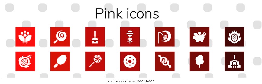 pink icon set. 14 filled pink icons.  Simple modern icons about  - Blossom, Dragon fruit, Lollipop, Cotton candy, Cake pop, Doughnut, Dreamworks, Gender, Piggy bank, Thatbyinnyu temple