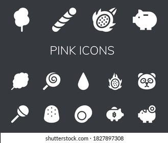 pink icon set. 14 filled pink icons.  Simple modern icons such as: Cotton candy, Stick candy, Dragon fruit, Piggy bank, Lollipop, Gumdrop, Gummy, Blur, Panda