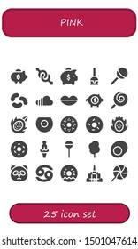 pink icon set. 25 filled pink icons.  Simple modern icons about  - Piggy bank, Gender, Cake pop, Lollipop, Jelly beans, Soundcloud, Lips, Dragon fruit, Breast, Doughnut, Venus