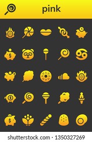 pink icon set. 26 filled pink icons.  Collection Of - Dragon fruit, Lollipop, Lips, Gender, Piggybank, Piggy bank, Panda, Cancer, Cotton candy, Doughnut, Soundcloud, Venus, Blossom
