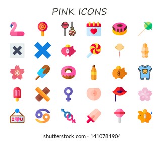 pink icon set. 30 flat pink icons.  Collection Of - flamingo, lollipop, valentines day, donut, multiply, piggy bank, popsicle, venus, cherry blossom, Donut, highlighter, onesie