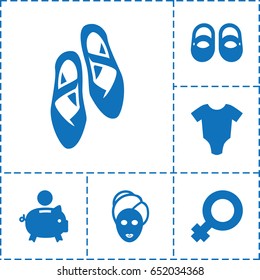 Pink icon. set of 6 pink filled icons such as baby onesie, baby shoes, spa mask, ballet shoes, piggy bank