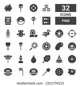 pink icon set. Collection of 32 filled pink icons included Piggy bank, Donut, Marshmallow, Lips, Blur, Birthday girl, Cotton candy, Dragon fly, Doughnut, Jelly beans, Lollipop