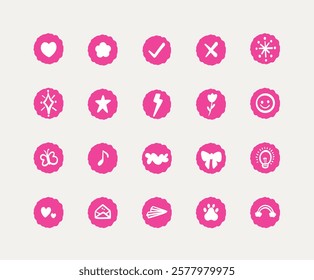 Pink icon set featuring minimalistic symbols for apps and digital designs. This versatile collection includes a variety of simple and modern icons ideal for UI design, web projects, branding.