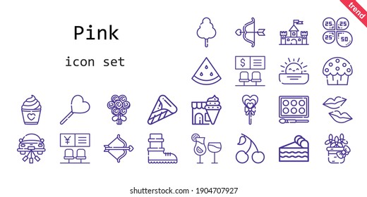 pink icon set. line icon style. pink related icons such as cherry, cotton candy, castle, cocktails, piece of cake, cup cake, bouquet, lollipop, kiss, petals, flower, wedding car, cupid, bank