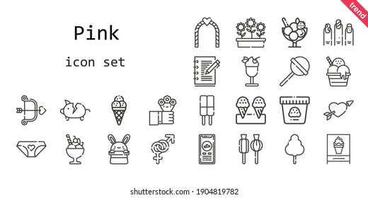 pink icon set. line icon style. pink related icons such as cotton candy, flowers, panties, gender, piggy bank, nails, check in, lollipop, cupid, ice cream, wedding arch, bunny, notebook, 