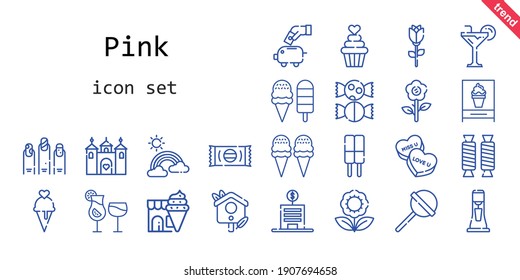 pink icon set. line icon style. pink related icons such as castle, candy, piggy bank, cocktails, nails, lollipop, flower, milkshake, rainbow, bank, ice cream, bird house, cocktail, rose, sweet