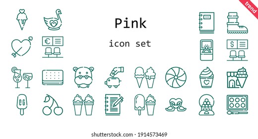 pink icon set. line icon style. pink related icons such as cherry, candy, engagement ring, piggy bank, cocktails, swan, popsicle, swans, cupid, hippopotamus, bank, ice cream, watercolor, candy machine
