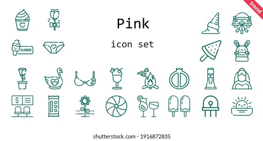 pink icon set. line icon style. pink related icons such as bride, panties, candy, cocktails, swan, marshmallow, flower, milkshake, bra, wedding car, bank, ice cream, cake, sunset, diode, rose