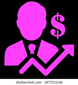 Icono rosado que muestra a un hombre con una flecha hacia arriba y un signo de dólar en fondo negro.