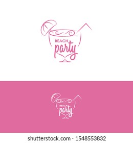 Pink icon for woman beach party with cocktail. Illustration for poster and banner. Template for logo