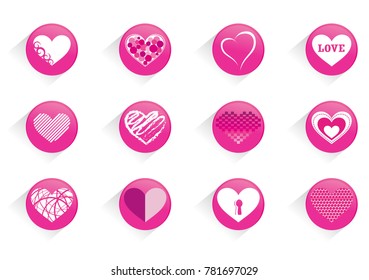 Pink icons with hearts on valentine's day