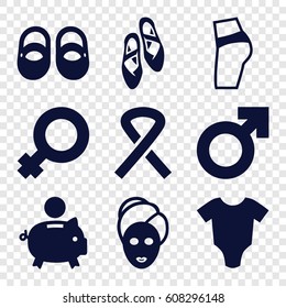 Pink icons set. set of 9 pink filled icons such as baby onesie, baby shoes, spa mask, ribbon, ballet shoes, piggy bank, woman symbol, man symbol