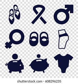 Pink icons set. set of 9 pink filled icons such as baby onesie, baby shoes, ribbon, ballet shoes, piggy bank, woman symbol, man symbol