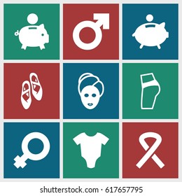 Pink icons set. set of 9 pink filled icons such as baby onesie, spa mask, ribbon, ballet shoes, piggy bank, woman symbol, man symbol