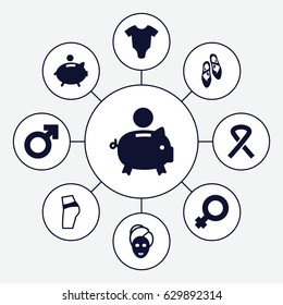 Pink icons set. set of 9 pink filled icons such as baby onesie, spa mask, ribbon, ballet shoes, piggy bank, woman symbol, man symbol
