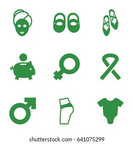 Pink icons set. set of 9 pink filled icons such as baby onesie, baby shoes, spa mask, ribbon, ballet shoes, piggy bank, woman symbol, man symbol
