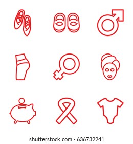 Pink icons set. set of 9 pink outline icons such as baby onesie, baby shoes, spa mask, ribbon, piggy bank, ballet shoes, woman symbol, man symbol