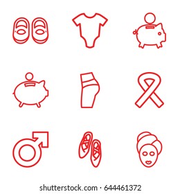 Pink icons set. set of 9 pink outline icons such as baby onesie, baby shoes, spa mask, ribbon, piggy bank, ballet shoes, man symbol