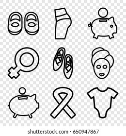 Pink icons set. set of 9 pink outline icons such as baby onesie, baby shoes, spa mask, ribbon, piggy bank, ballet shoes, woman symbol