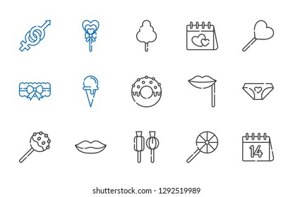 pink icons set. Collection of pink with valentines day, lollipop, lips, cake pop, panties, donut, ice cream cone, garter, cotton candy, gender. Editable and scalable pink icons.